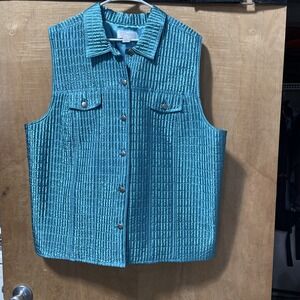 cj banks 3x Turquoise Button Down Vest In Quilted Grid Pattern Metallic Shine